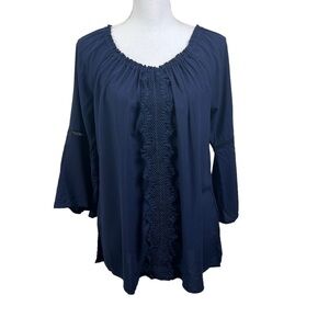 Melissa Paige Blouse Women's Medium Petite Navy Blue Boho Embroider Bell Sleeve